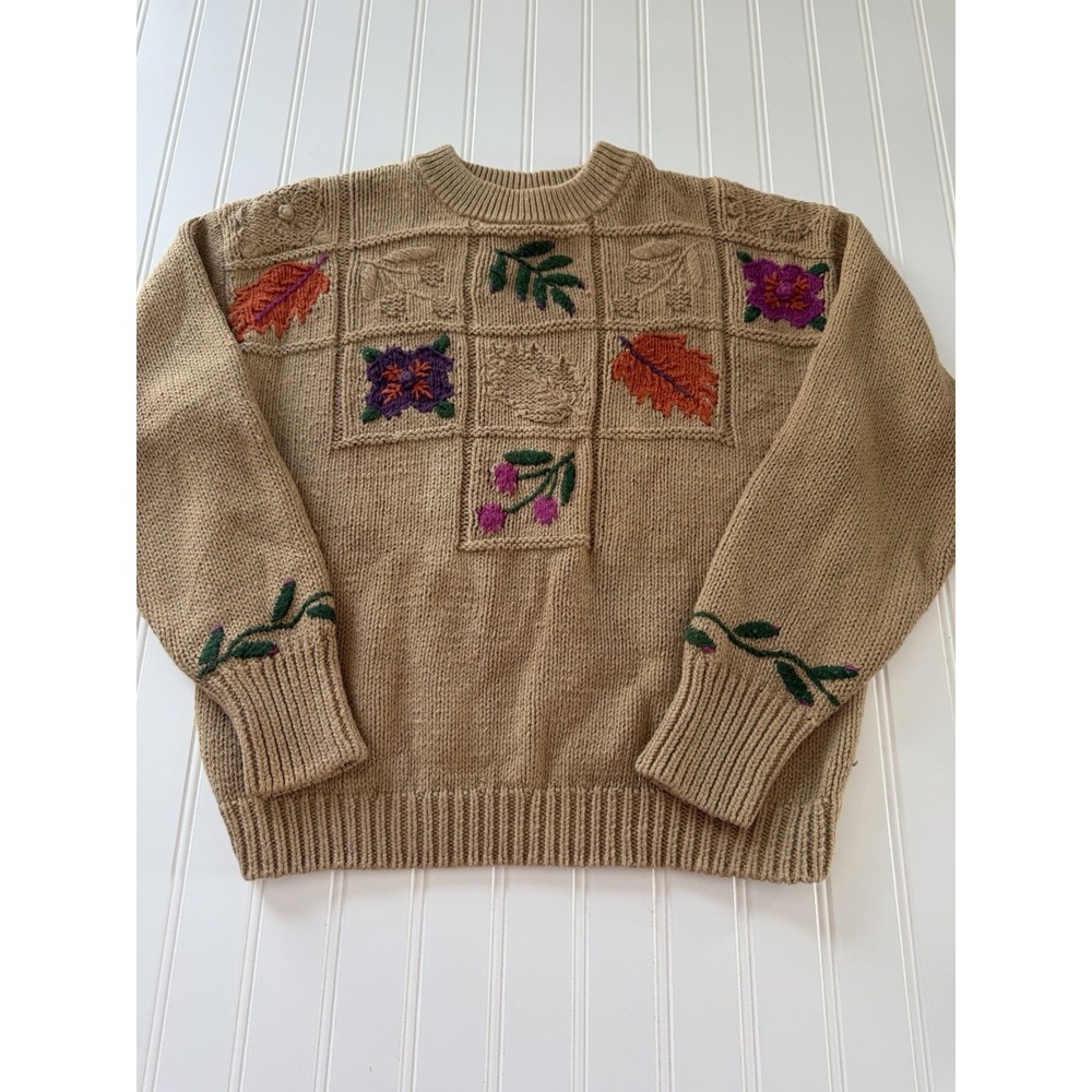 Vintage Lord Isaacs Women's‎ Sweater PM Brown Tan Floral Leaf Embroidery